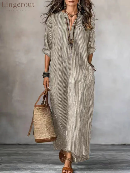 Textured Crinkled V Neck Half Sleeve Loose Maxi Dress - Camel / XS