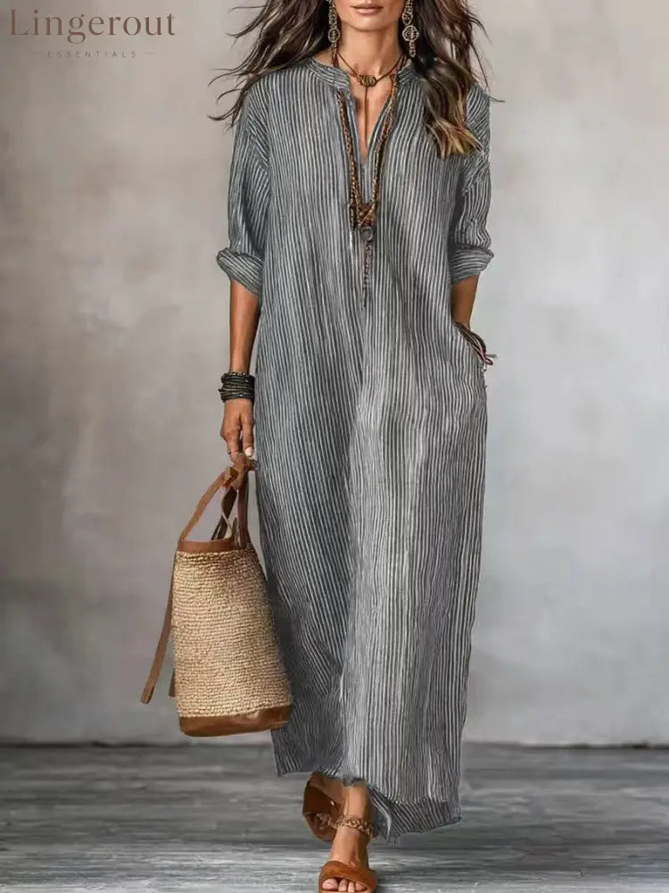 Textured Crinkled V Neck Half Sleeve Loose Maxi Dress - Dark gray / XS