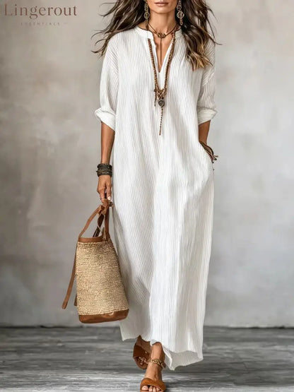 Textured Crinkled V Neck Half Sleeve Loose Maxi Dress - White / XS