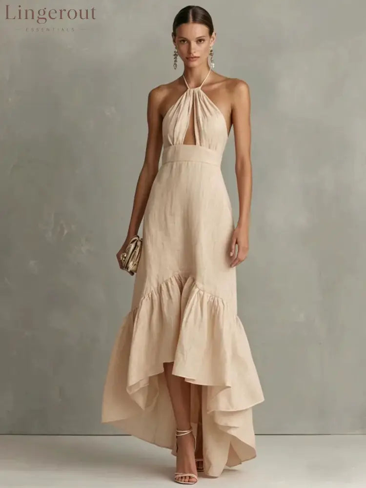 Textured Halter Keyhole High Low Ruffle Maxi Dress - Apricot / S