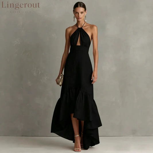Textured Halter Keyhole High Low Ruffle Maxi Dress - Black / S
