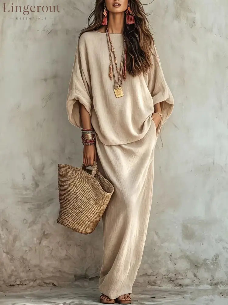Textured Linen Batwing Top & Wide Leg Maxi Skirt Two-Piece Set - Apricot / XS