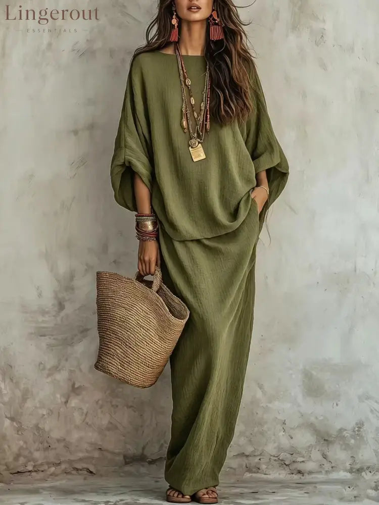 Textured Linen Batwing Top & Wide Leg Maxi Skirt Two-Piece Set - Army green / XS