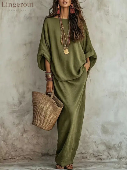 Textured Linen Batwing Top & Wide Leg Maxi Skirt Two-Piece Set - Army green / XS