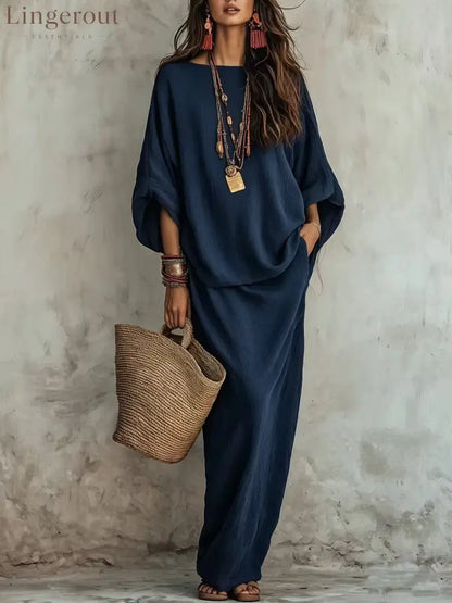 Textured Linen Batwing Top & Wide Leg Maxi Skirt Two-Piece Set - Navy blue / XS