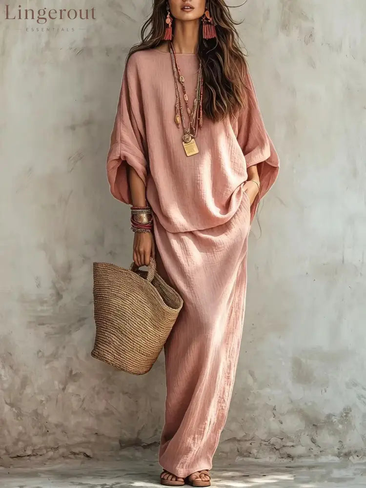 Textured Linen Batwing Top & Wide Leg Maxi Skirt Two-Piece Set - Pink / XS