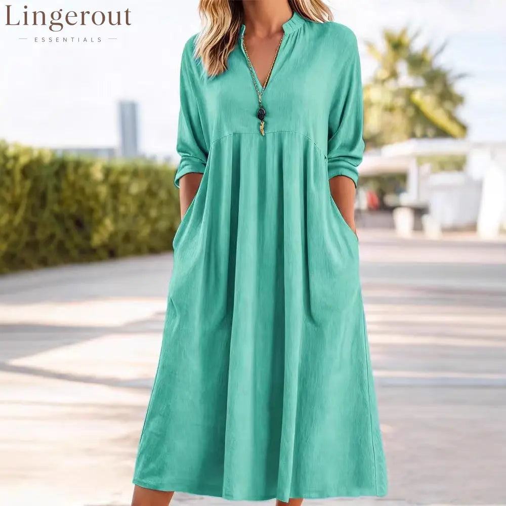 Textured Linen Blend Stand Collar V-Neck Babydoll Midi Dress