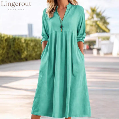 Textured Linen Blend Stand Collar V-Neck Babydoll Midi Dress