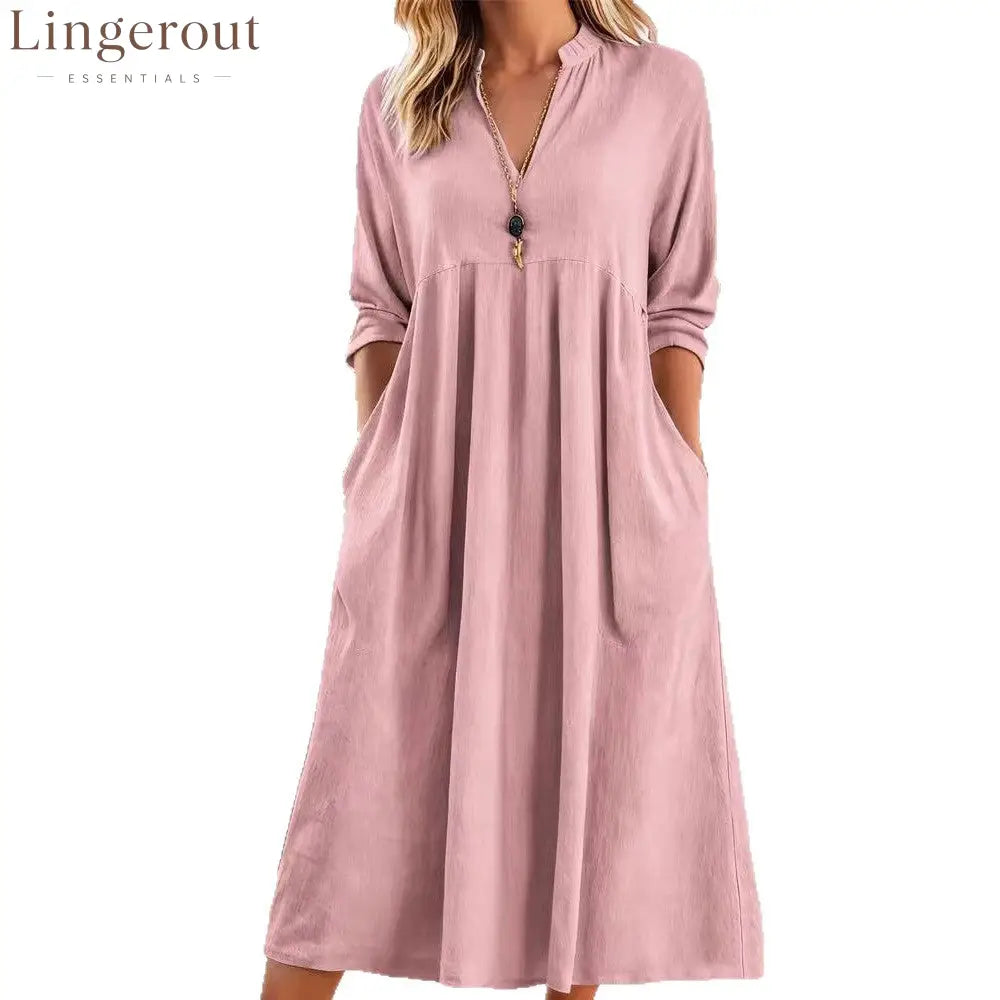 Textured Linen Blend Stand Collar V-Neck Babydoll Midi Dress