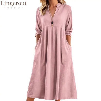 Textured Linen Blend Stand Collar V-Neck Babydoll Midi Dress