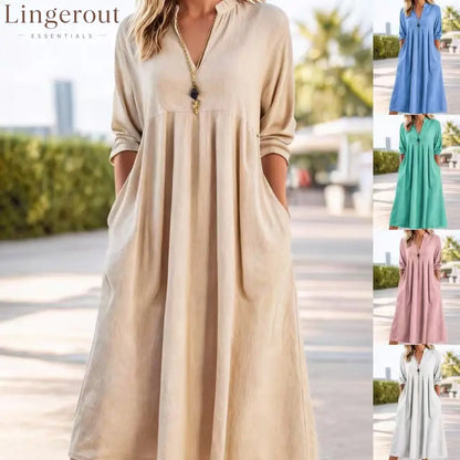 Textured Linen Blend Stand Collar V-Neck Babydoll Midi Dress