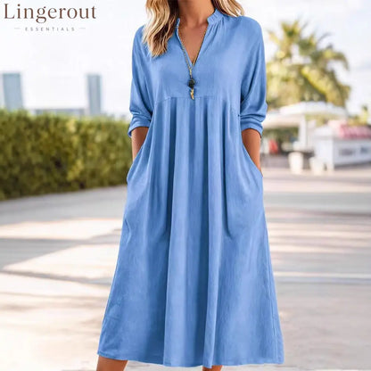 Textured Linen Blend Stand Collar V-Neck Babydoll Midi Dress
