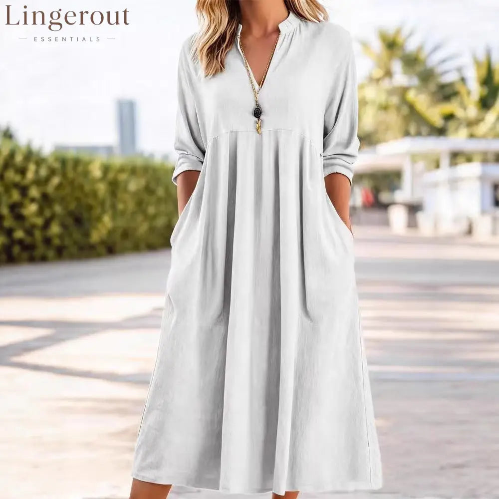 Textured Linen Blend Stand Collar V-Neck Babydoll Midi Dress