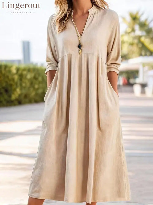 Textured Linen Blend Stand Collar V-Neck Babydoll Midi Dress - Khaki / S