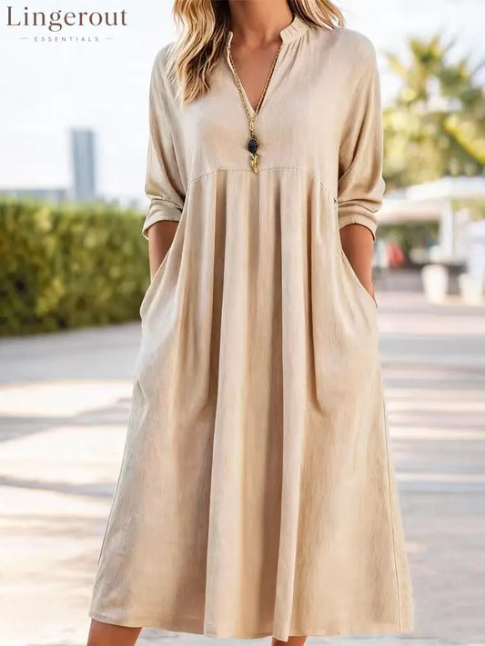 Textured Linen Blend Stand Collar V-Neck Babydoll Midi Dress - Khaki / S