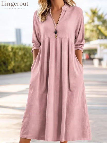 Textured Linen Blend Stand Collar V-Neck Babydoll Midi Dress - Pink / S