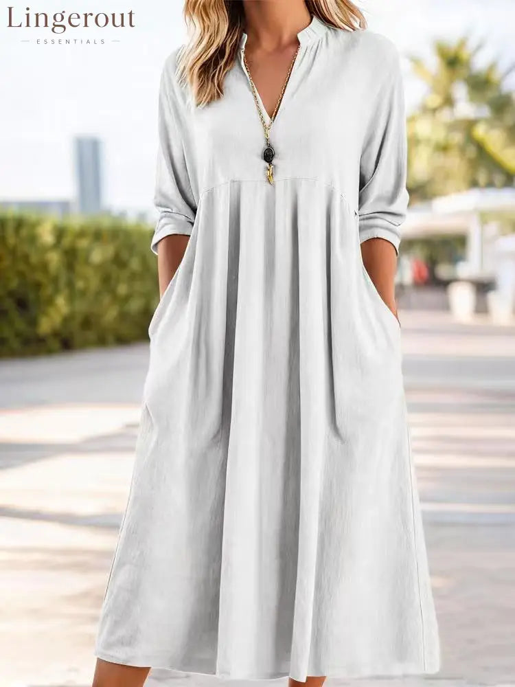 Textured Linen Blend Stand Collar V-Neck Babydoll Midi Dress - White / S