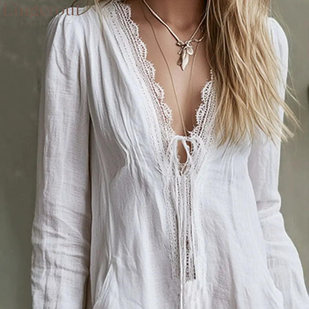 Textured Linen Lace Trim Tie Front Long Sleeve Mini Tunic Dress