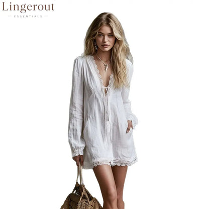 Textured Linen Lace Trim Tie Front Long Sleeve Mini Tunic Dress