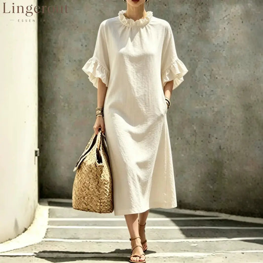 Textured Linen Ruffle Neck Flounce Sleeve Midi Shift Dress