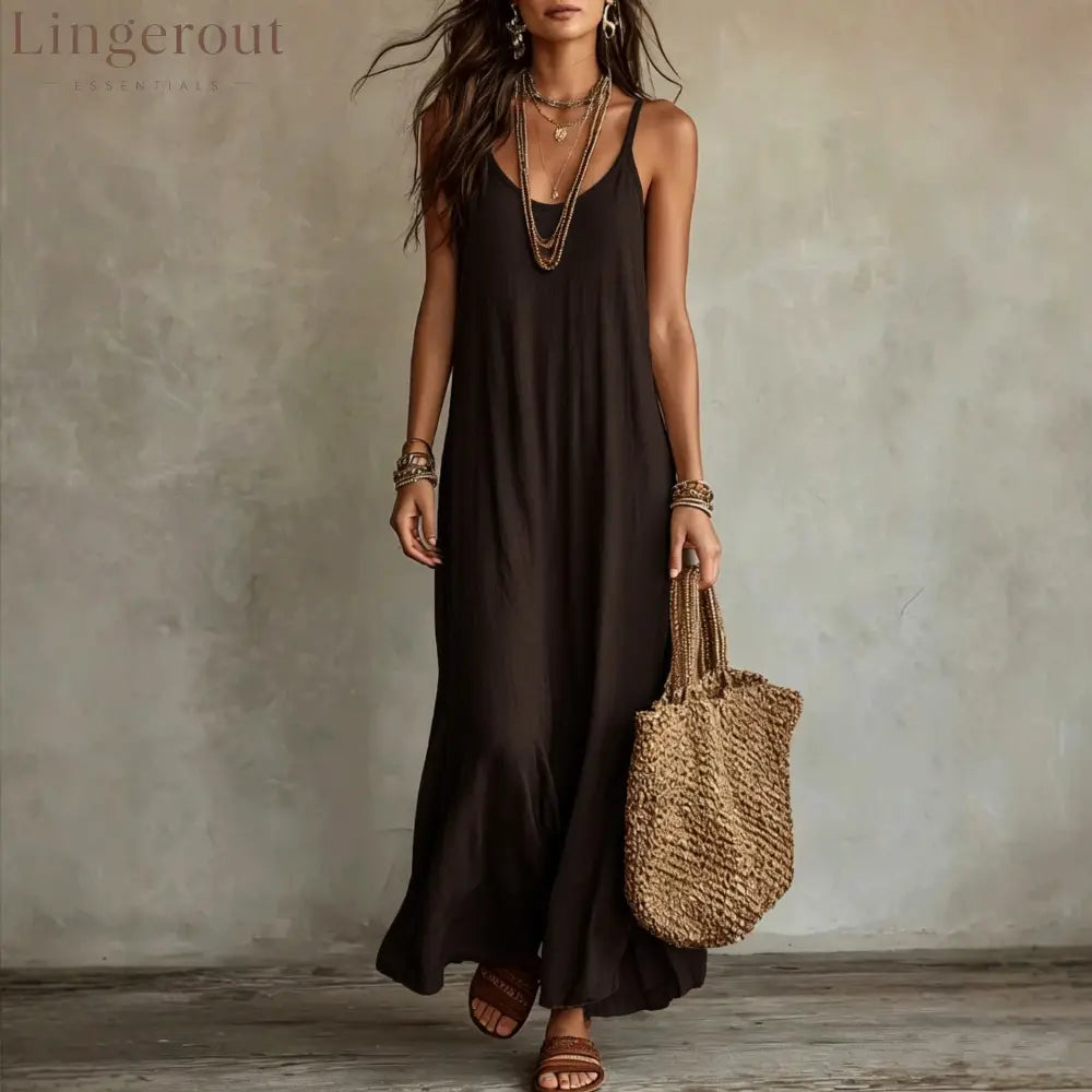 Textured Linen Spaghetti Strap Loose Maxi Tent Dress - Brown / S