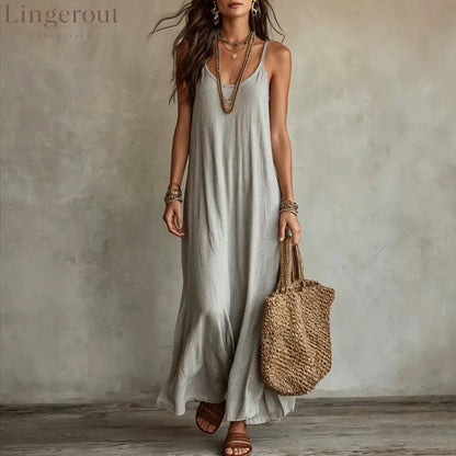 Textured Linen Spaghetti Strap Loose Maxi Tent Dress - Grey / S