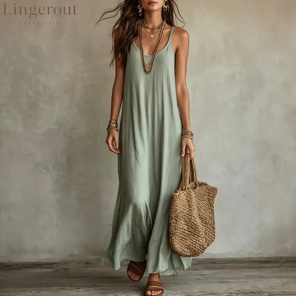 Textured Linen Spaghetti Strap Loose Maxi Tent Dress - Matcha color / S