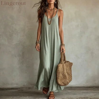 Textured Linen Spaghetti Strap Loose Maxi Tent Dress - Matcha color / S