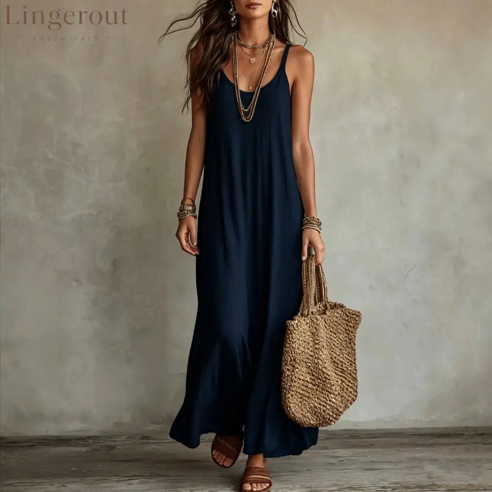 Textured Linen Spaghetti Strap Loose Maxi Tent Dress - Navy blue / S