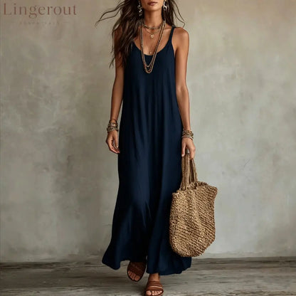 Textured Linen Spaghetti Strap Loose Maxi Tent Dress - Navy blue / S