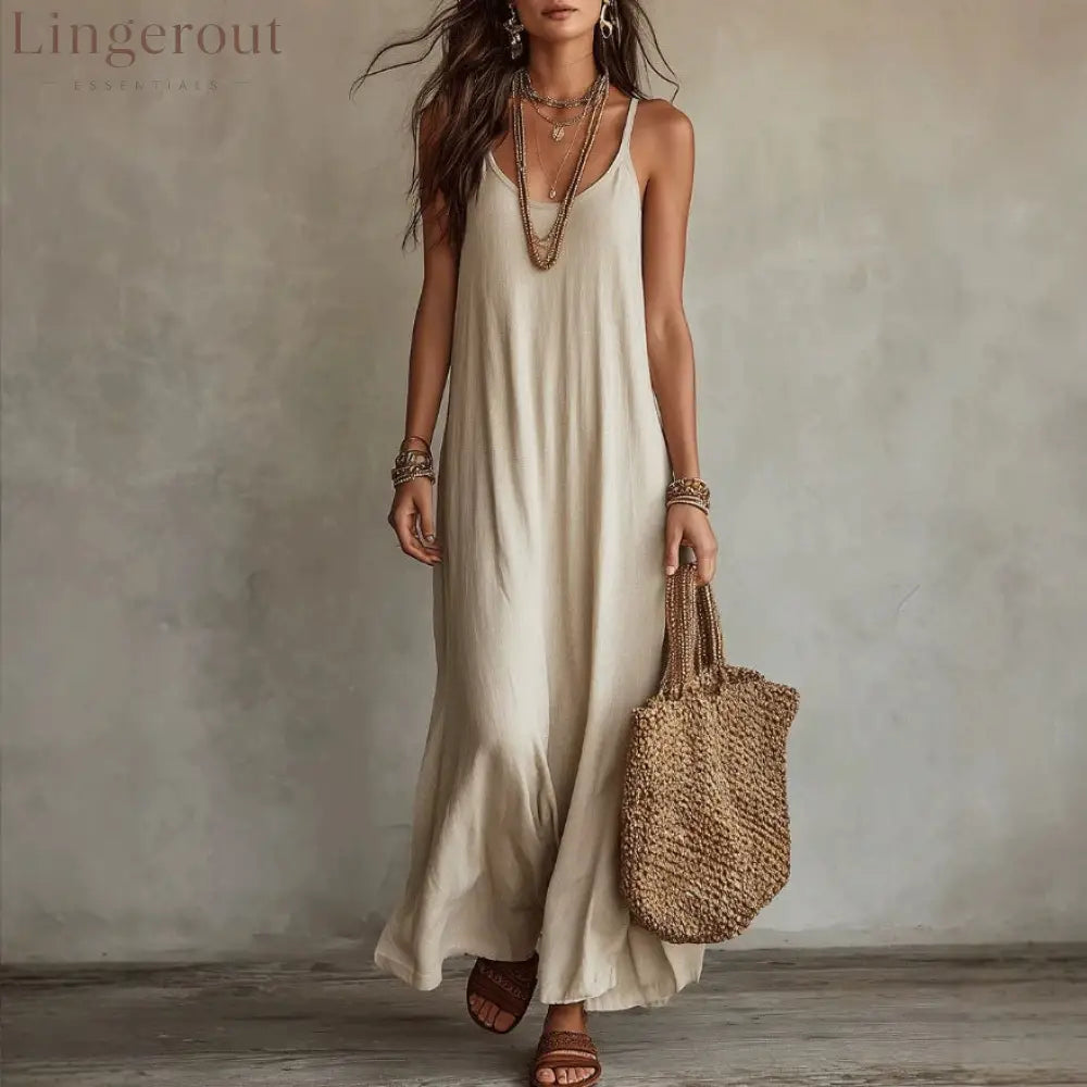 Textured Linen Spaghetti Strap Loose Maxi Tent Dress - Off white / S