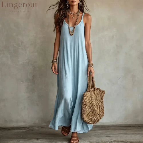 Textured Linen Spaghetti Strap Loose Maxi Tent Dress - Sky blue / S