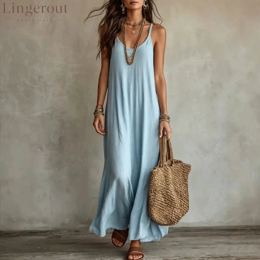 Textured Linen Spaghetti Strap Loose Maxi Tent Dress - Sky blue / S