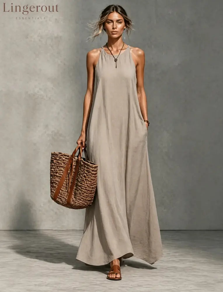 Textured Sleeveless Round Neck Pocketed Maxi Tent Dress - Apricot / S
