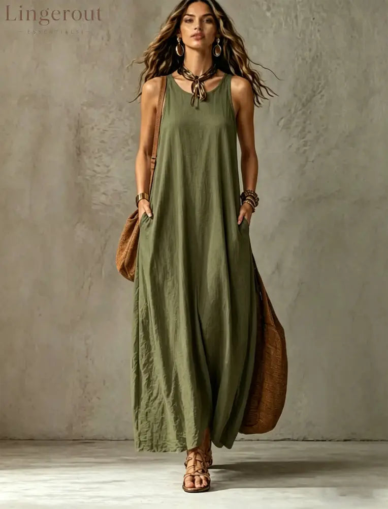 Textured Sleeveless Round Neck Pocketed Maxi Tent Dress - Army green / S