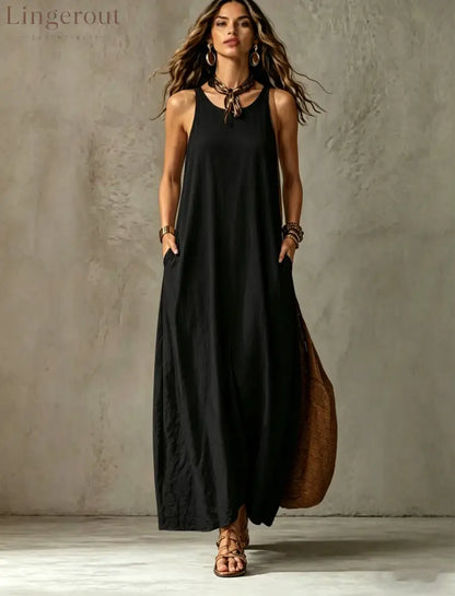 Textured Sleeveless Round Neck Pocketed Maxi Tent Dress - Black / S