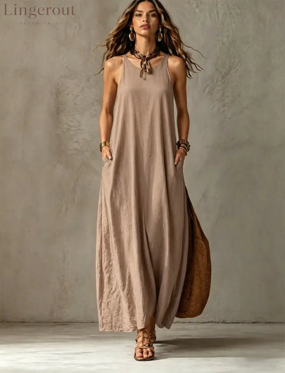 Textured Sleeveless Round Neck Pocketed Maxi Tent Dress - Khaki / S