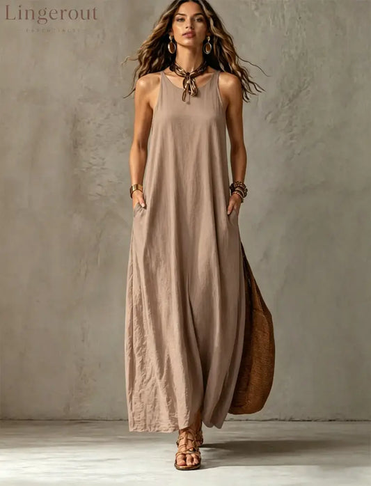 Textured Sleeveless Round Neck Pocketed Maxi Tent Dress - Khaki / S
