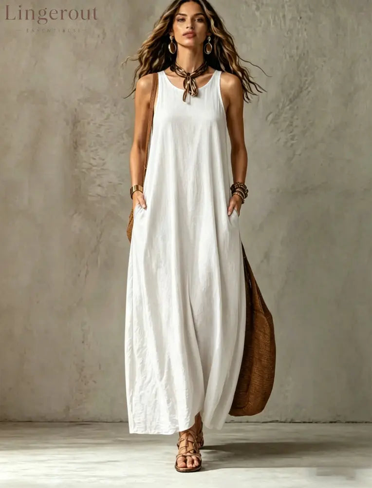 Textured Sleeveless Round Neck Pocketed Maxi Tent Dress - White / S