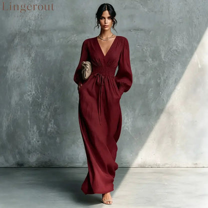 Textured V-Neck Smocked Waist Maxi Dress