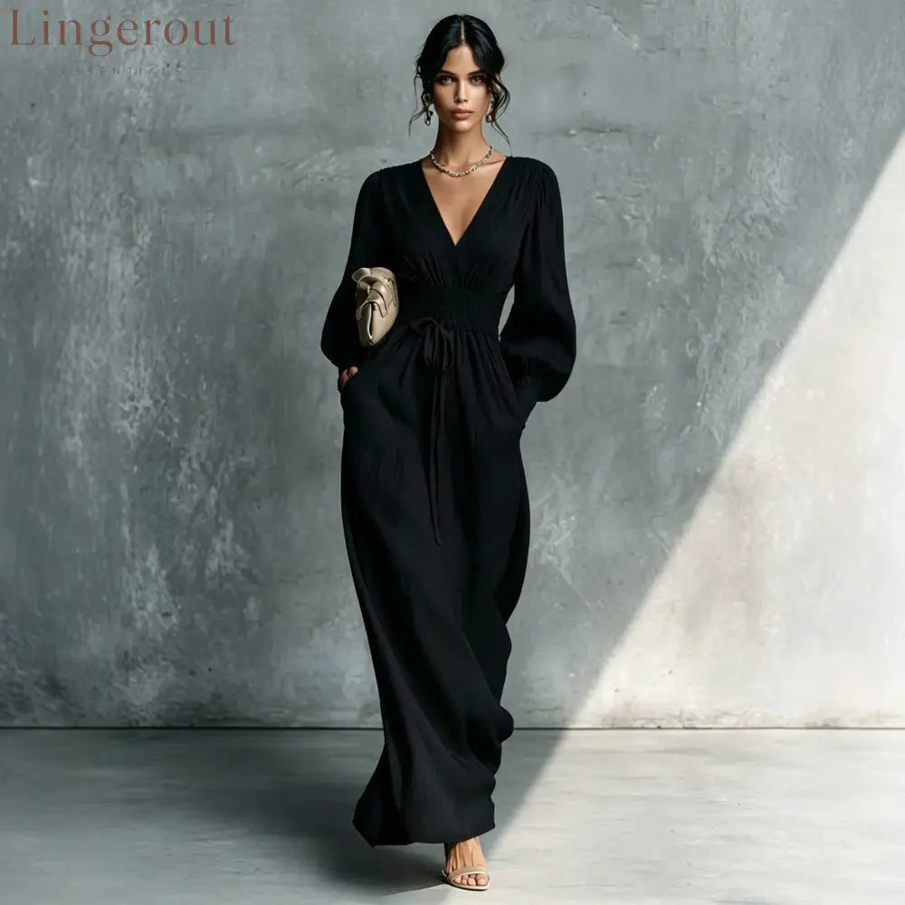 Textured V-Neck Smocked Waist Maxi Dress