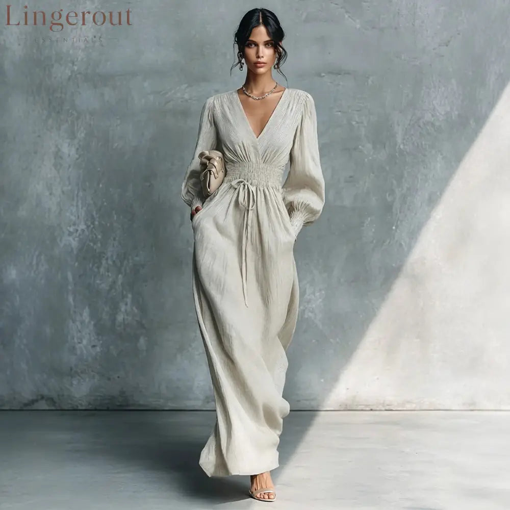 Textured V-Neck Smocked Waist Maxi Dress