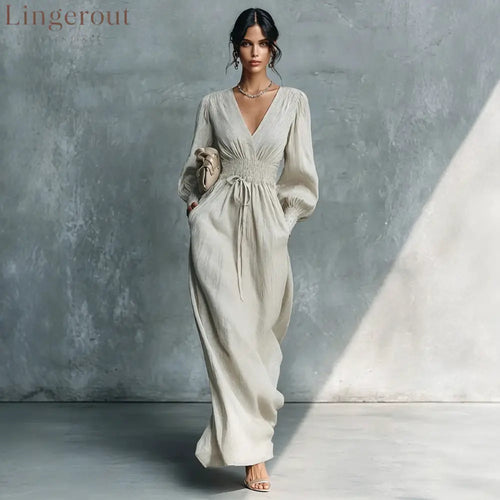 Textured V-Neck Smocked Waist Maxi Dress