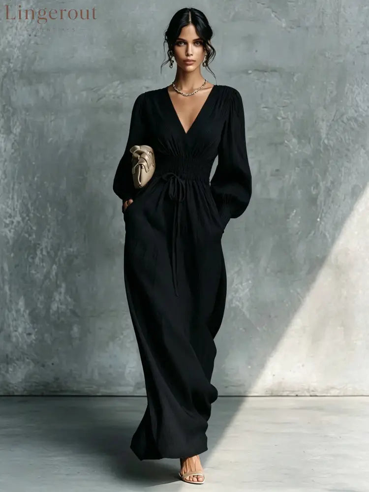 Textured V-Neck Smocked Waist Maxi Dress - Black / S