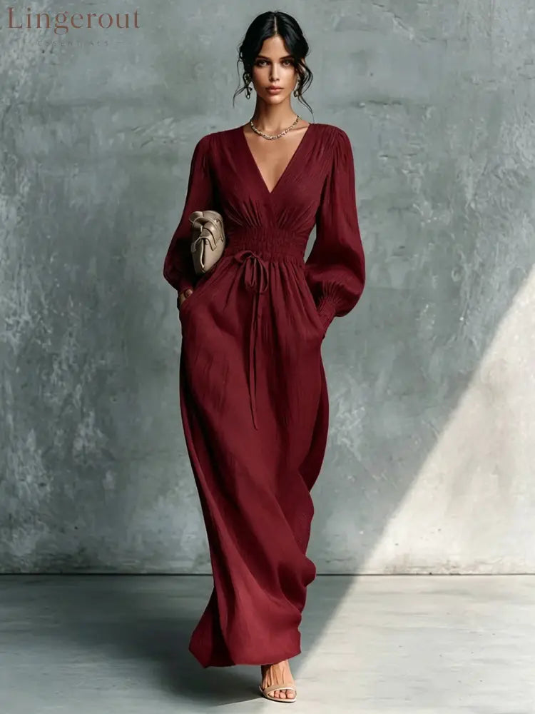 Textured V-Neck Smocked Waist Maxi Dress - Claret / S