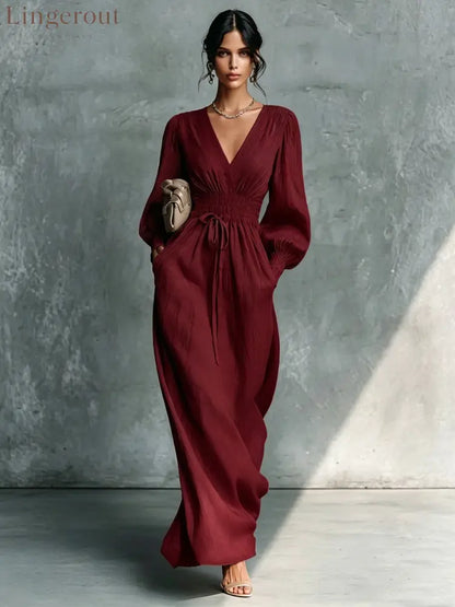 Textured V-Neck Smocked Waist Maxi Dress - Claret / S