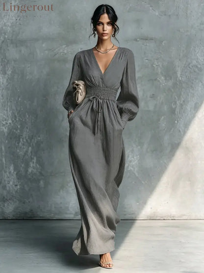 Textured V-Neck Smocked Waist Maxi Dress - Grey / S