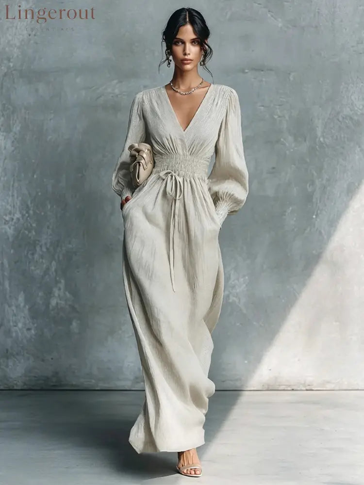 Textured V-Neck Smocked Waist Maxi Dress - Light gray / S