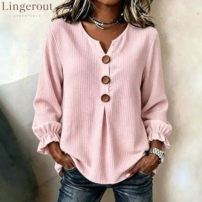 Textured Waffle Knit V-Neck Button Blouse
