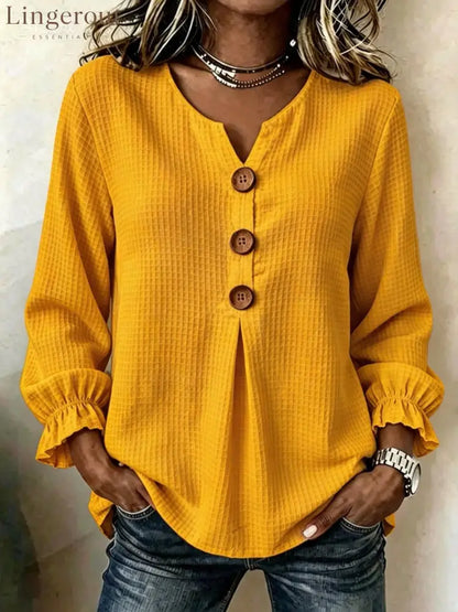 Textured Waffle Knit V-Neck Button Blouse - Yellow / S